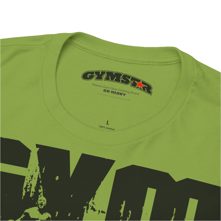A kiwi Gymstar workout tee with a black graphic that reads 'GYM',  bodybuilder silhouettte and logo, presumably bodybulding or fitness. Logo Close up view.