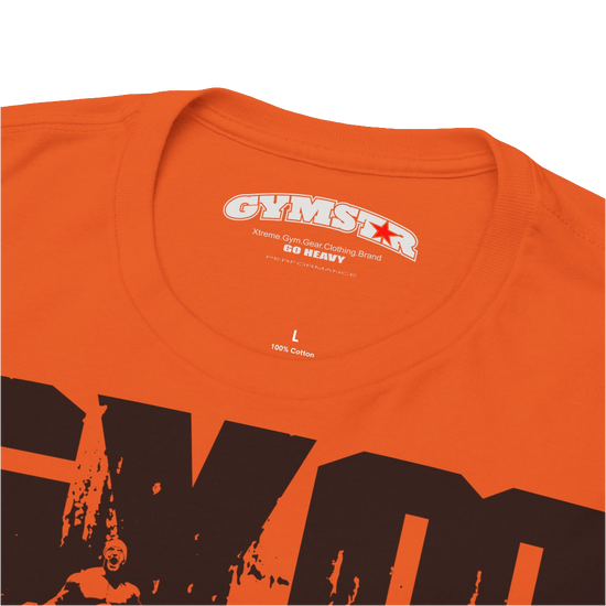A orange Gymstar workout tee with a black graphic that reads 'GYM',  bodybuilder silhouettte and logo, presumably bodybulding or fitness.   Logo Close up view.