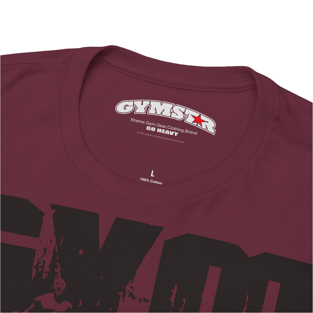 A ruby Gymstar workout tee with a black graphic that reads 'GYM',  bodybuilder silhouettte and logo, presumably bodybulding or fitness.  Logo Close up view.