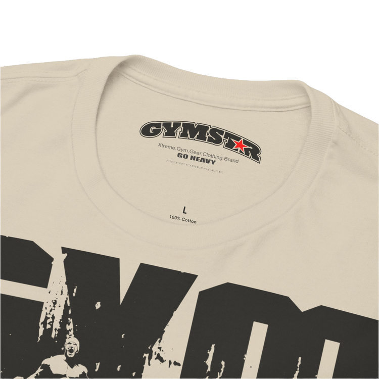 A beige Gymstar workout tee with a black graphic that reads 'GYM',  bodybuilder silhouettte and logo, presumably bodybulding or fitness.  Logo Close up view.