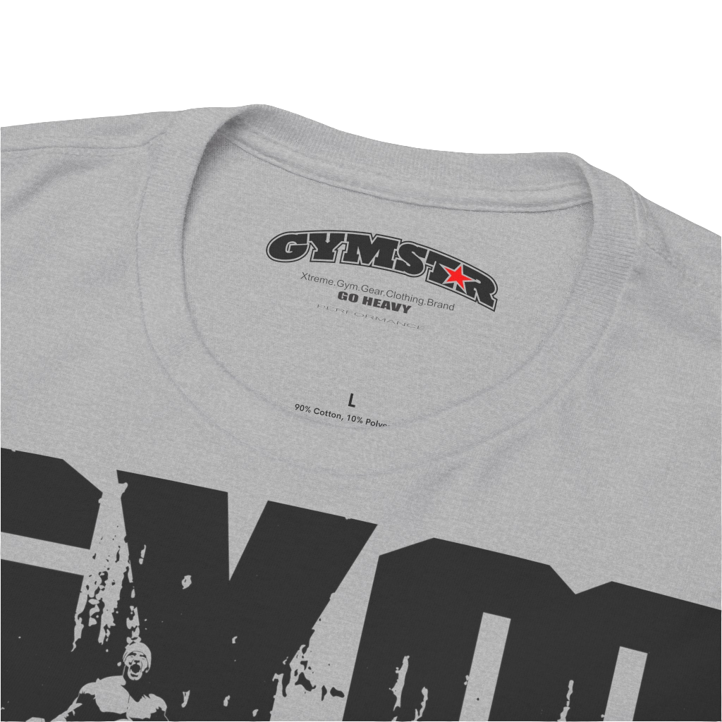 A silver grey Gymstar workout tee with a black graphic that reads 'GYM',  bodybuilder silhouettte and logo, presumably bodybulding or fitness.  Logo Close up view.