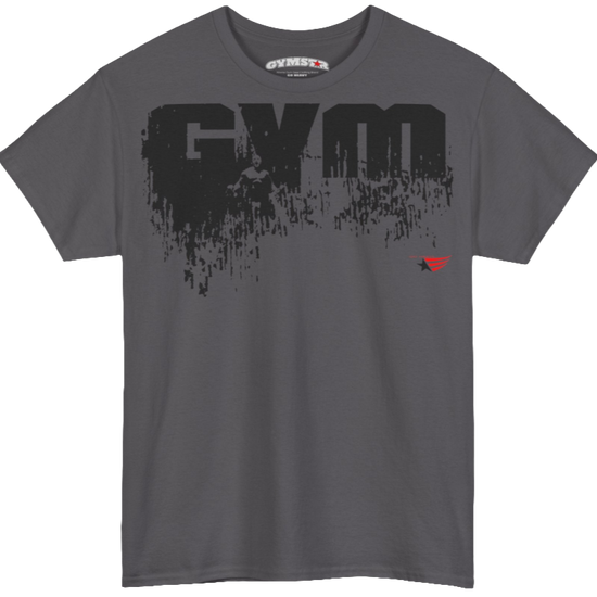 A sport grey Gymstar workout tee with a black graphic that reads 'GYM',  bodybuilder silhouettte and logo, presumably bodybulding or fitness.  Font view.