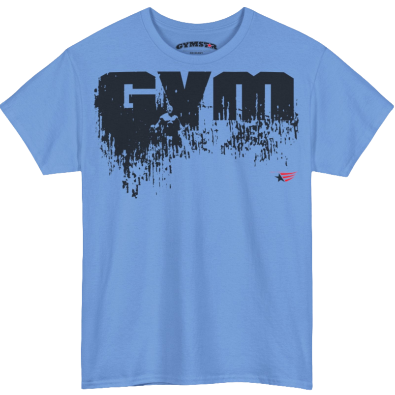 A Carolina blue Gymstar workout tee with a black graphic that reads 'GYM',  bodybuilder silhouettte and logo, presumably bodybulding or fitness.  Front view.