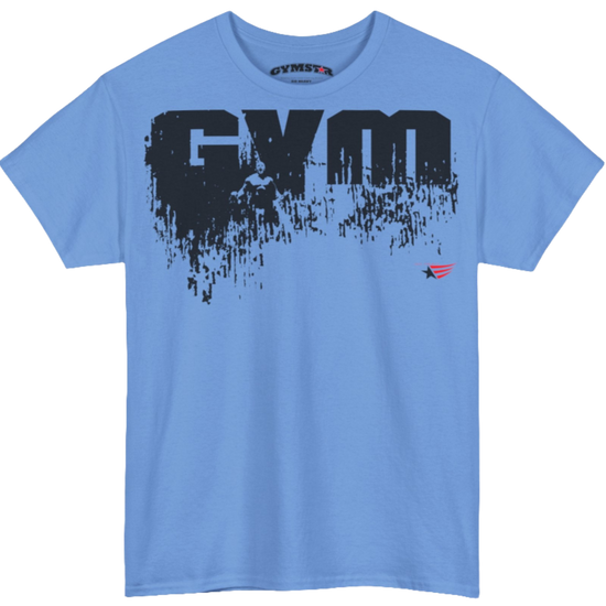 A Carolina blue Gymstar workout tee with a black graphic that reads 'GYM',  bodybuilder silhouettte and logo, presumably bodybulding or fitness.  Front view.