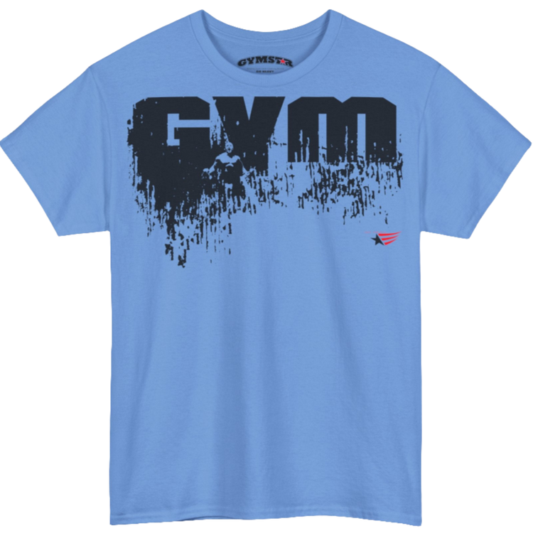 A Carolina blue Gymstar workout tee with a black graphic that reads 'GYM',  bodybuilder silhouettte and logo, presumably bodybulding or fitness.  Front view.