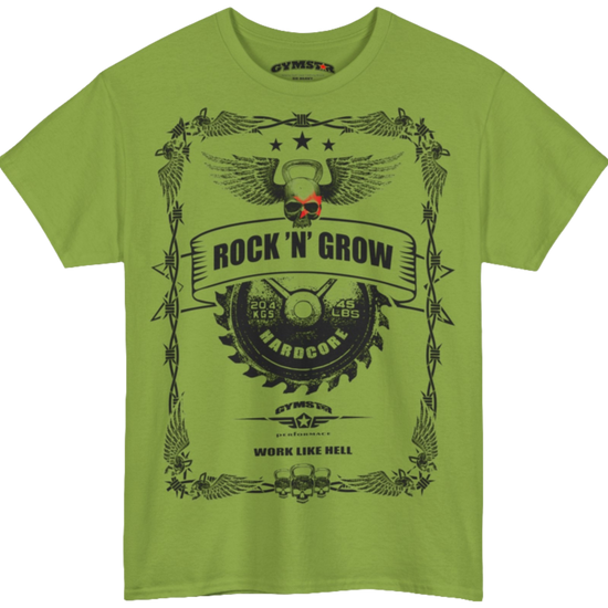 A kiwi Gymstar workout tee with a black graphic that reads 'Rock And Grow',  barbell and logo, presumably bodybulding or fitness. 