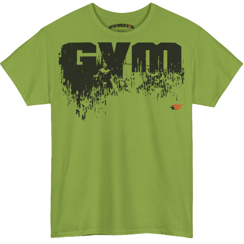 A kiwi Gymstar workout tee with a black graphic that reads 'GYM',  bodybuilder silhouettte and logo, presumably bodybulding or fitness.  Front view.