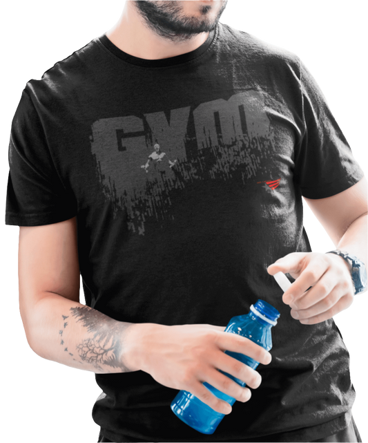 A man wwering black Gymstar workout tee with a black graphic that reads 'GYM',  bodybuilder silhouettte and logo, presumably bodybulding or fitness. 