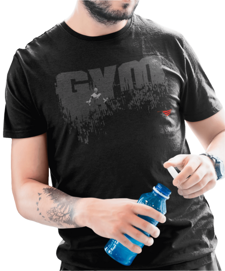 A man wwering black Gymstar workout tee with a black graphic that reads 'GYM',  bodybuilder silhouettte and logo, presumably bodybulding or fitness. 