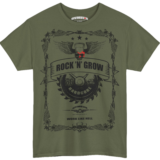 A military green Gymstar workout tee with a black graphic that reads 'Rock And Grow',  barbell and logo, presumably bodybulding or fitness. 