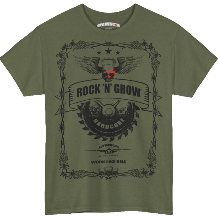 A military green Gymstar workout tee with a black graphic that reads 'Rock And Grow',  barbell and logo, presumably bodybulding or fitness. 