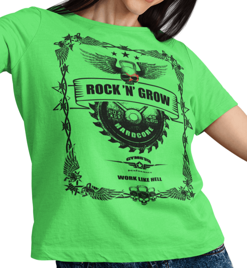 A WOman wearing green athletic T-shirt GYMSTAR with black text and graphic on the front reading "ROCK`N`GROW" featuring barbell illustration, logo above.