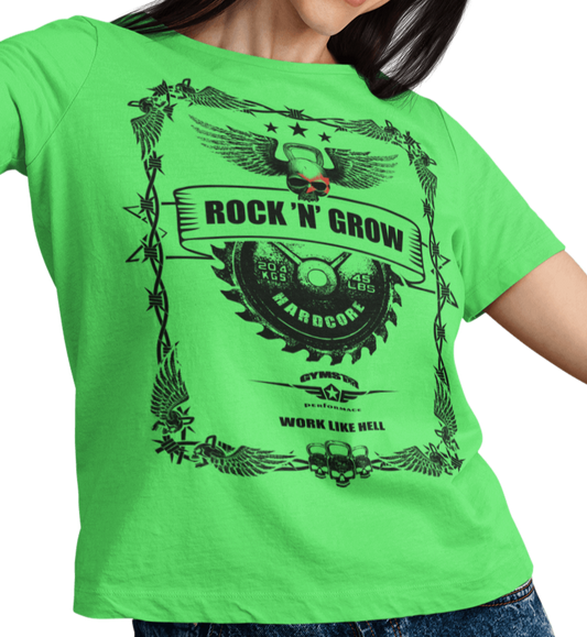 A WOman wearing green athletic T-shirt GYMSTAR with black text and graphic on the front reading "ROCK`N`GROW" featuring barbell illustration, logo above.