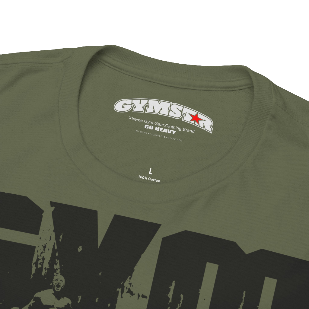 A military green Gymstar workout tee with a black graphic that reads 'GYM',  bodybuilder silhouettte and logo, presumably bodybulding or fitness.   Logo Close up view.