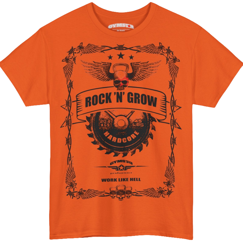 A orange Gymstar tee with a black graphic that reads 'Rock And Grow',  barbell and logo, presumably bodybulding or fitness. 