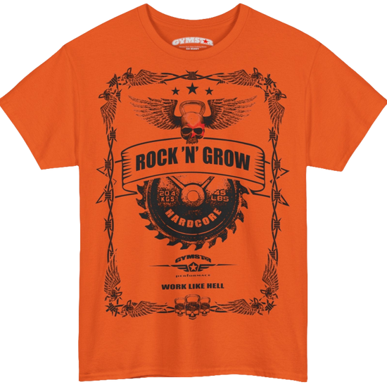 A orange Gymstar tee with a black graphic that reads 'Rock And Grow',  barbell and logo, presumably bodybulding or fitness. 