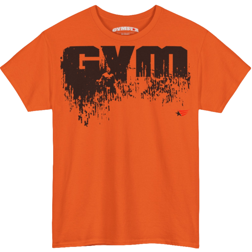 A orange Gymstar workout tee with a black graphic that reads 'GYM',  bodybuilder silhouettte and logo, presumably bodybulding or fitness.  Front view.