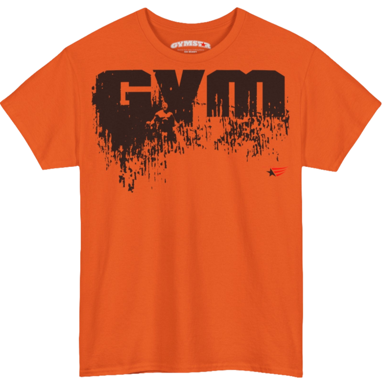 A orange Gymstar workout tee with a black graphic that reads 'GYM',  bodybuilder silhouettte and logo, presumably bodybulding or fitness.  Front view.