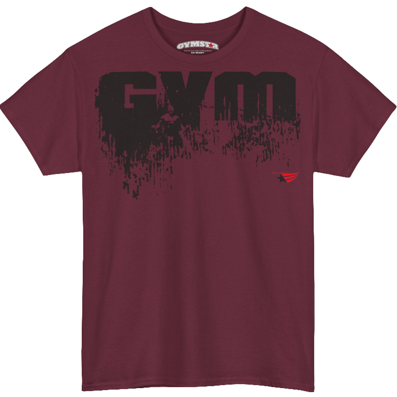 A ruby Gymstar workout tee with a black graphic that reads 'GYM',  bodybuilder silhouettte and logo, presumably bodybulding or fitness.  front view.