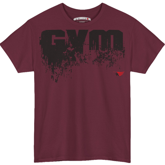 A ruby Gymstar workout tee with a black graphic that reads 'GYM',  bodybuilder silhouettte and logo, presumably bodybulding or fitness.  front view.