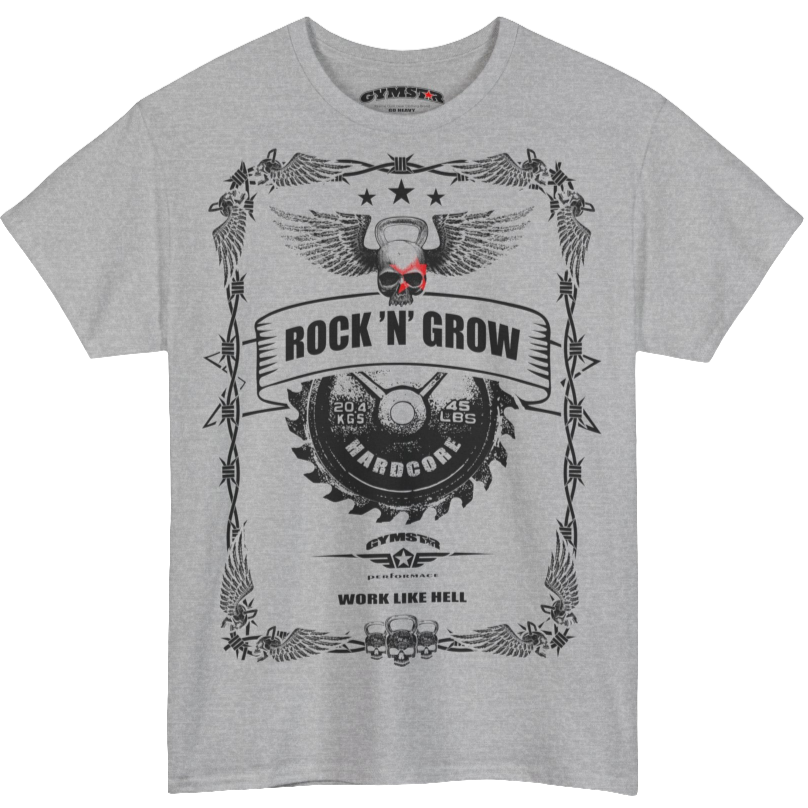 A silver grey Gymstar workout tee with a black graphic that reads 'Rock And Grow',  barbell and logo, presumably bodybulding or fitness. 