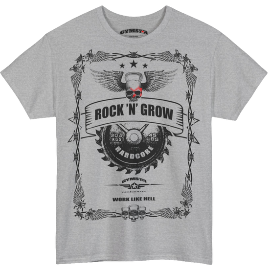 A silver grey Gymstar workout tee with a black graphic that reads 'Rock And Grow',  barbell and logo, presumably bodybulding or fitness. 