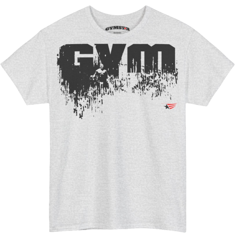 A silver grey Gymstar workout tee with a black graphic that reads 'GYM',  bodybuilder silhouettte and logo, presumably bodybulding or fitness.  front view.