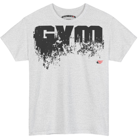 A silver grey Gymstar workout tee with a black graphic that reads 'GYM',  bodybuilder silhouettte and logo, presumably bodybulding or fitness.  front view.