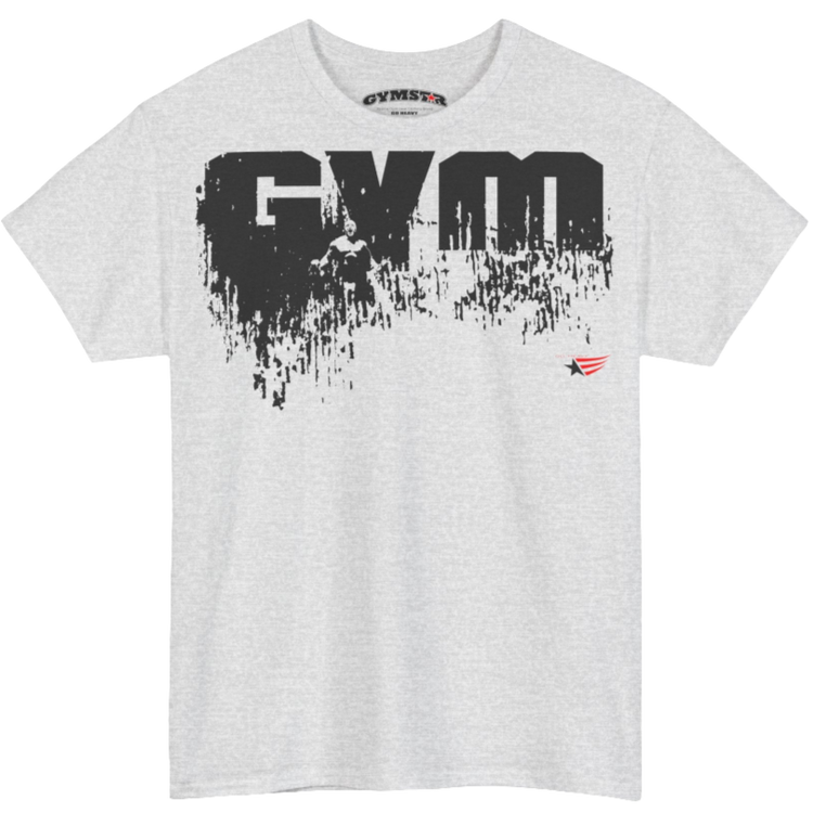 A silver grey Gymstar workout tee with a black graphic that reads 'GYM',  bodybuilder silhouettte and logo, presumably bodybulding or fitness.  front view.