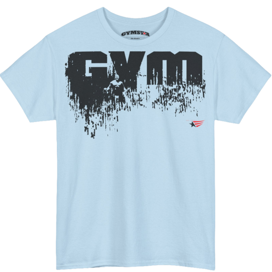 A light blue Gymstar workout tee with a black graphic that reads 'GYM',  bodybuilder silhouettte and logo, presumably bodybulding or fitness.  Front view.