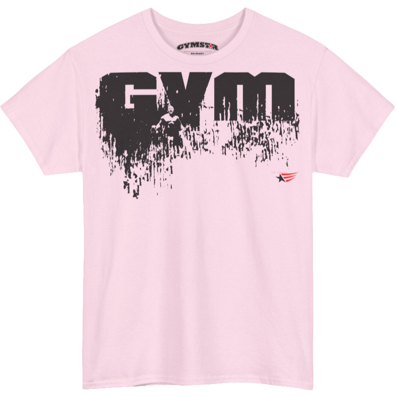 A pink Gymstar workout tee with a black graphic that reads 'GYM',  bodybuilder silhouettte and logo, presumably bodybulding or fitness.  Front view.