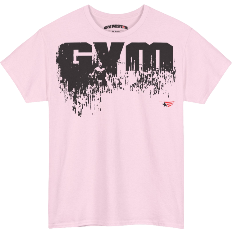 A pink Gymstar workout tee with a black graphic that reads 'GYM',  bodybuilder silhouettte and logo, presumably bodybulding or fitness.  Front view.