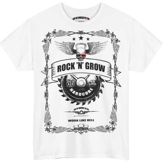 A white Gymstar workout tee with a black graphic that reads 'Rock And Grow',  barbell and logo, presumably bodybulding or fitness. 