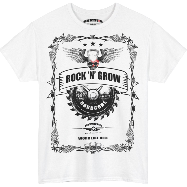 A white Gymstar workout tee with a black graphic that reads 'Rock And Grow',  barbell and logo, presumably bodybulding or fitness. 