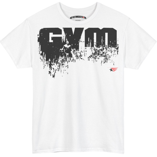 A white Gymstar workout tee with a black graphic that reads 'GYM',  bodybuilder silhouettte and logo, presumably bodybulding or fitness.  front view.