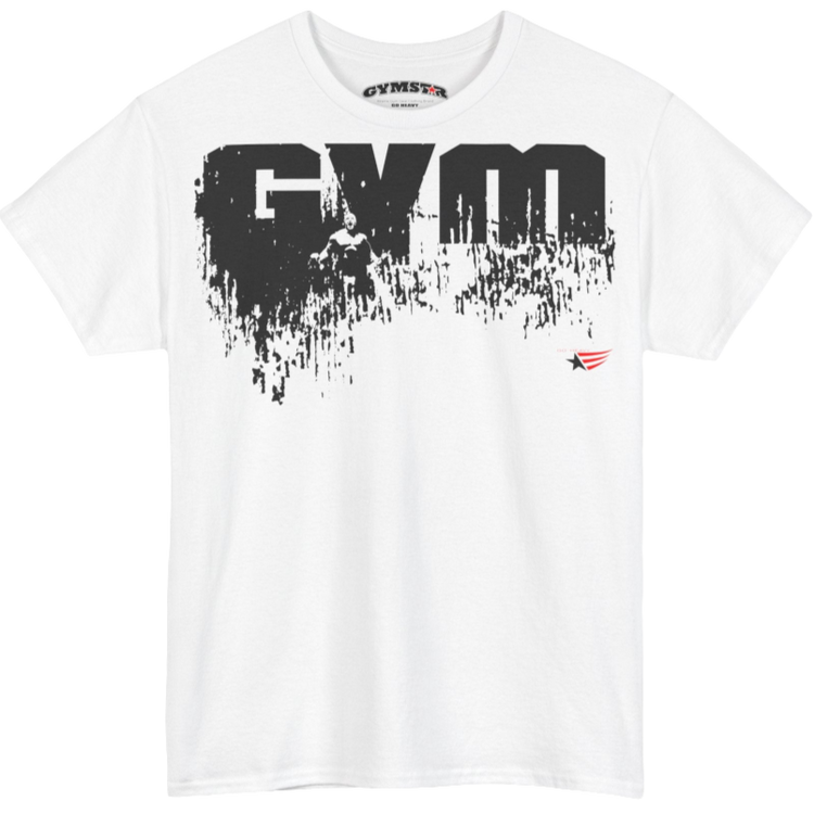 A white Gymstar workout tee with a black graphic that reads 'GYM',  bodybuilder silhouettte and logo, presumably bodybulding or fitness.  front view.