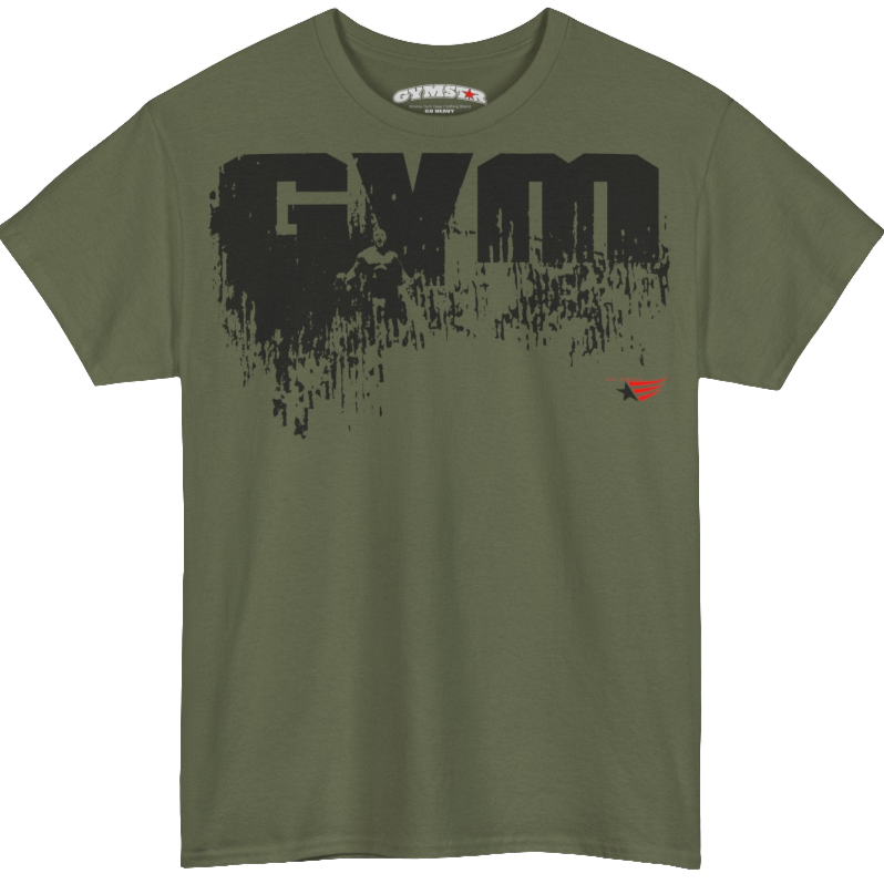 A military green Gymstar workout tee with a black graphic that reads 'GYM',  bodybuilder silhouettte and logo, presumably bodybulding or fitness.  Front view.