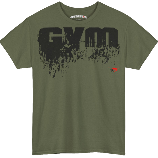 A military green Gymstar workout tee with a black graphic that reads 'GYM',  bodybuilder silhouettte and logo, presumably bodybulding or fitness.  Front view.
