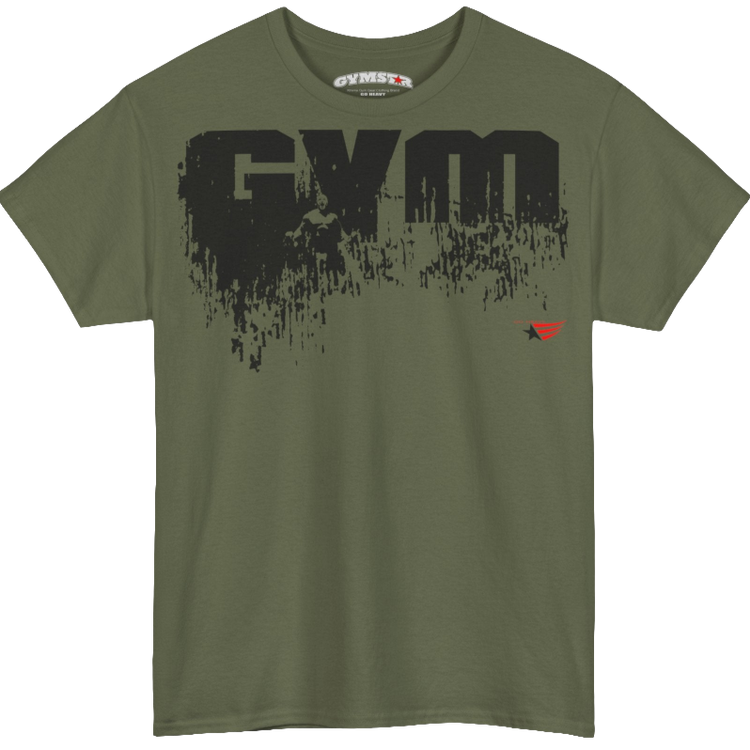A military green Gymstar workout tee with a black graphic that reads 'GYM',  bodybuilder silhouettte and logo, presumably bodybulding or fitness.  Front view.