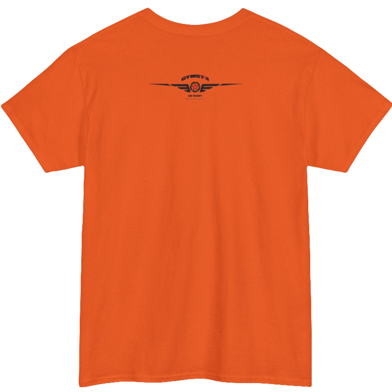 A orange Gymstar workout tee with a black graphic that reads 'Rock And Grow',  barbell and logo, presumably bodybulding or fitness.  Rear view.