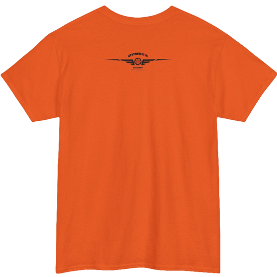 A orange Gymstar workout tee with a black graphic that reads 'Rock And Grow',  barbell and logo, presumably bodybulding or fitness.  Rear view.