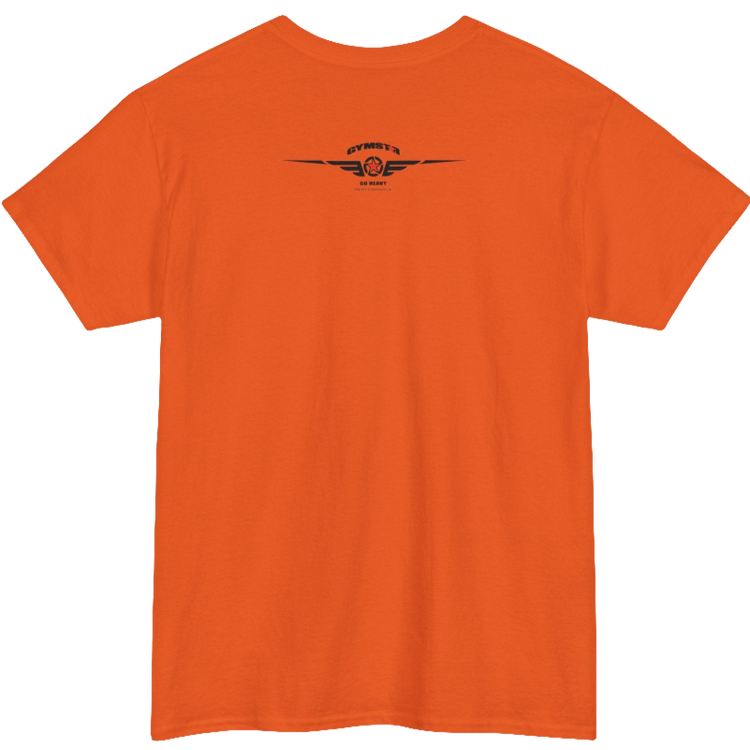 A orange Gymstar workout tee with a black graphic that reads 'Rock And Grow',  barbell and logo, presumably bodybulding or fitness.  Rear view.