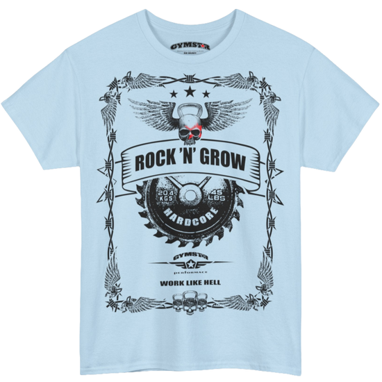 A light blue Gymstar tee with a black graphic that reads  'Rock And Grow',  barbell and logo, presumably bodybulding or fitness. 