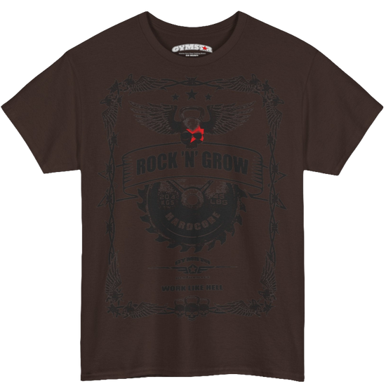 A brown Gymstar tee with a black graphic that reads  'Rock And Grow',  barbell and logo, presumably bodybulding or fitness. 