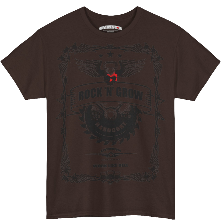 A brown Gymstar tee with a black graphic that reads  'Rock And Grow',  barbell and logo, presumably bodybulding or fitness. 