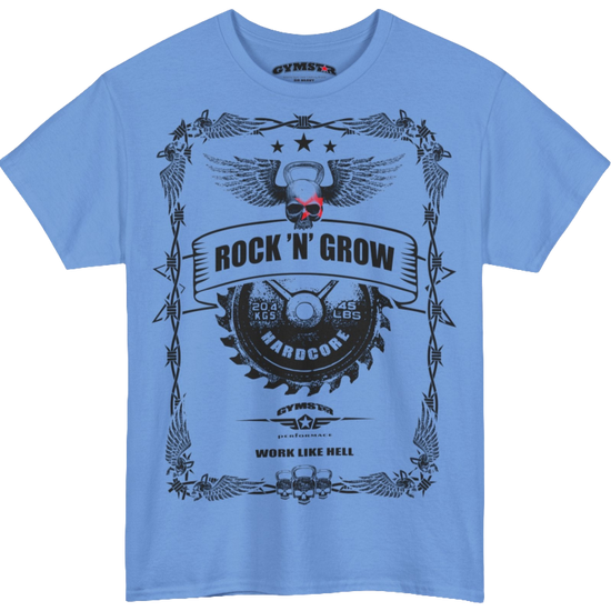 A Carolina blue  Gymstar tee with a black graphic that reads  'Rock And Grow',  barbell and logo, presumably bodybulding or fitness. 
