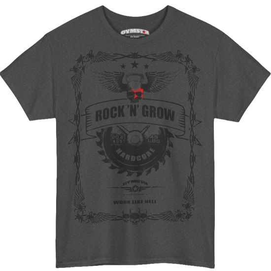 A grey Gymstar tee with a black graphic that reads  'Rock And Grow',  barbell and logo, presumably bodybulding or fitness. 