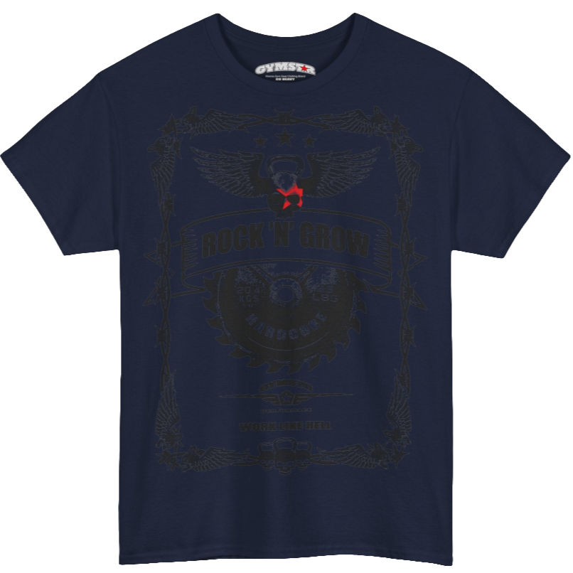 A navy blue Gymstar tee with a black graphic that reads 'Rock And Grow',  barbell and logo, presumably bodybulding or fitness. 