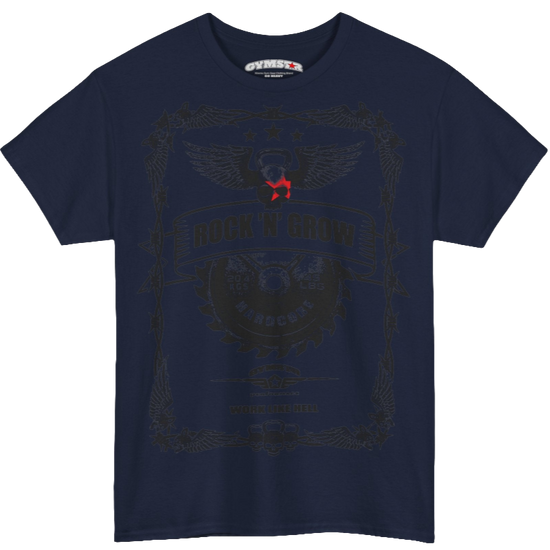 A navy blue Gymstar tee with a black graphic that reads 'Rock And Grow',  barbell and logo, presumably bodybulding or fitness. 
