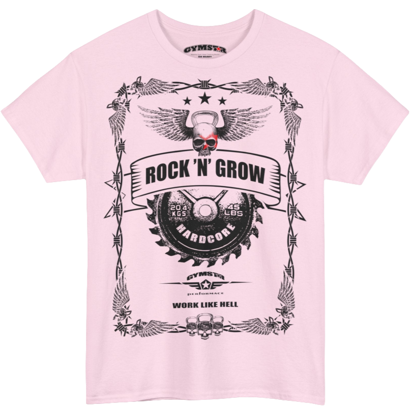 A pink Gymstar tee with a black graphic that reads ''Rock And Grow'',  barbell and logo, presumably bodybulding or fitness. 